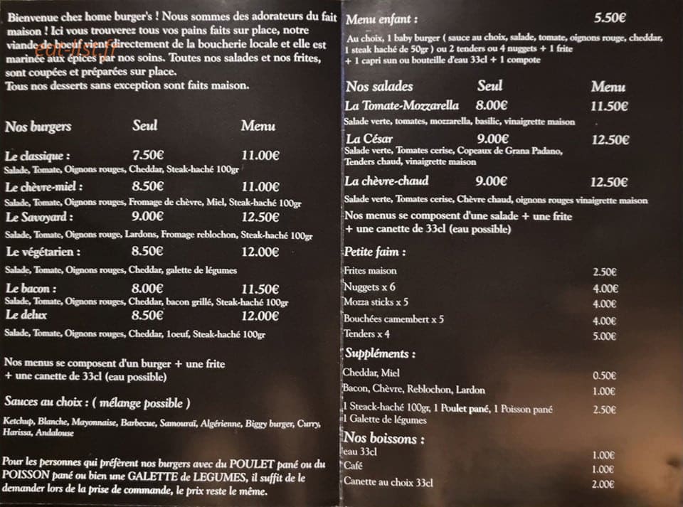 Home Burger's — carte page 1