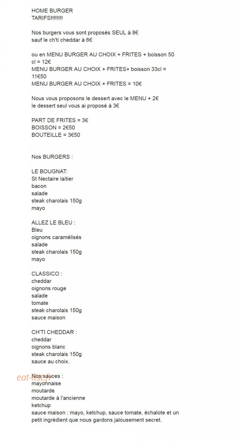 Home Burger — carte page 1