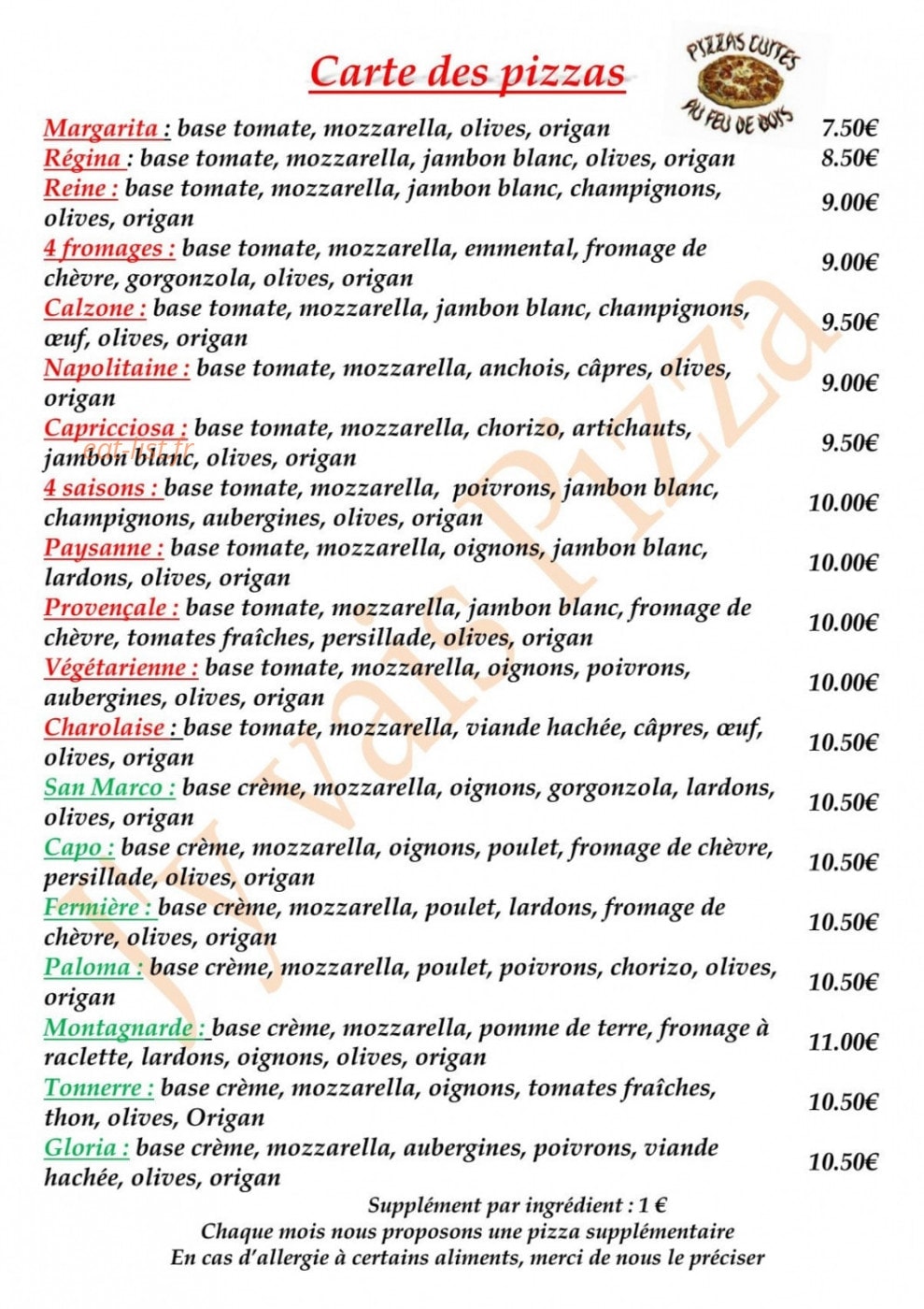 J'y vais pizza — carte page 1