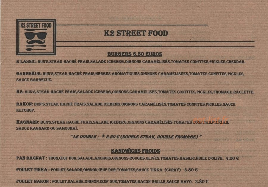 K2 street food — carte page 1