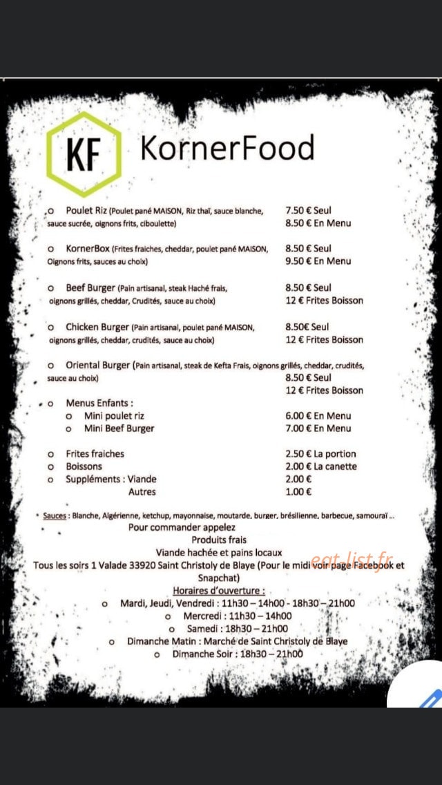 KornerFood — carte page 1