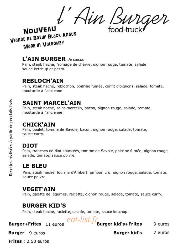 L'Ain Burger — carte page 1