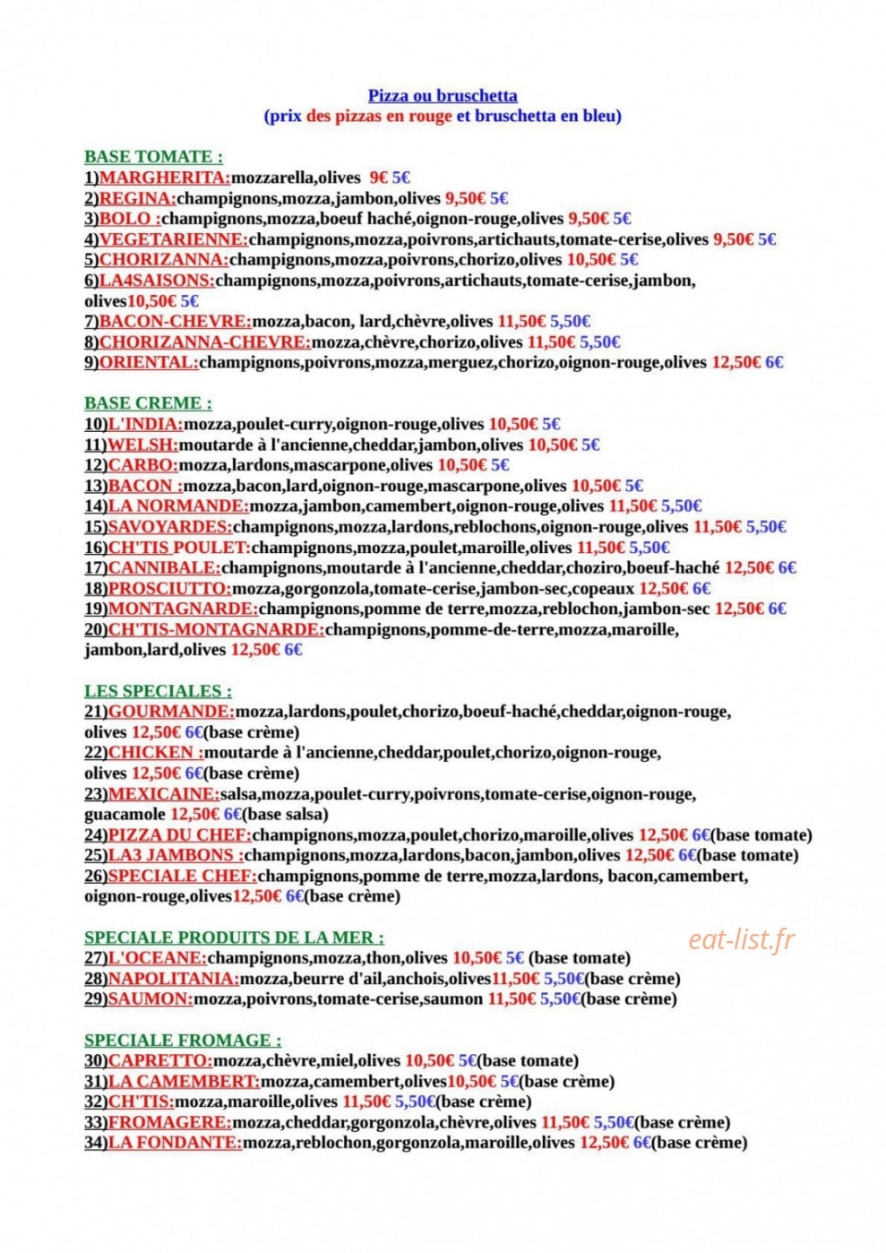 L'atelier de la pizza — carte page 1