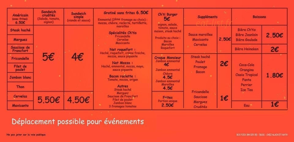 L'baraque à frites des ch'tis — carte page 1
