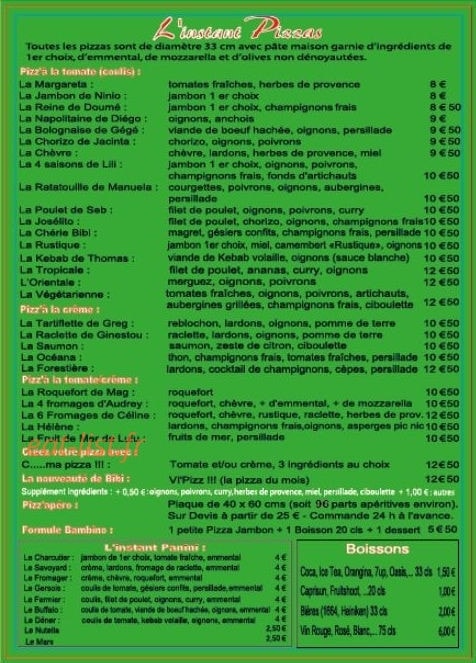 L'instant Pizzas — carte page 1
