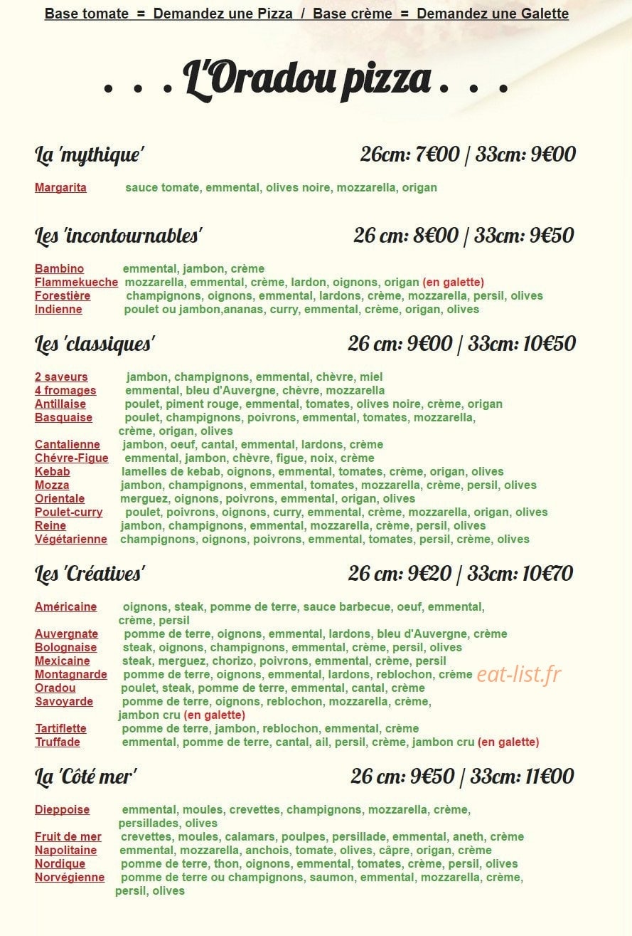 L' Oradou Pizzas — carte page 1