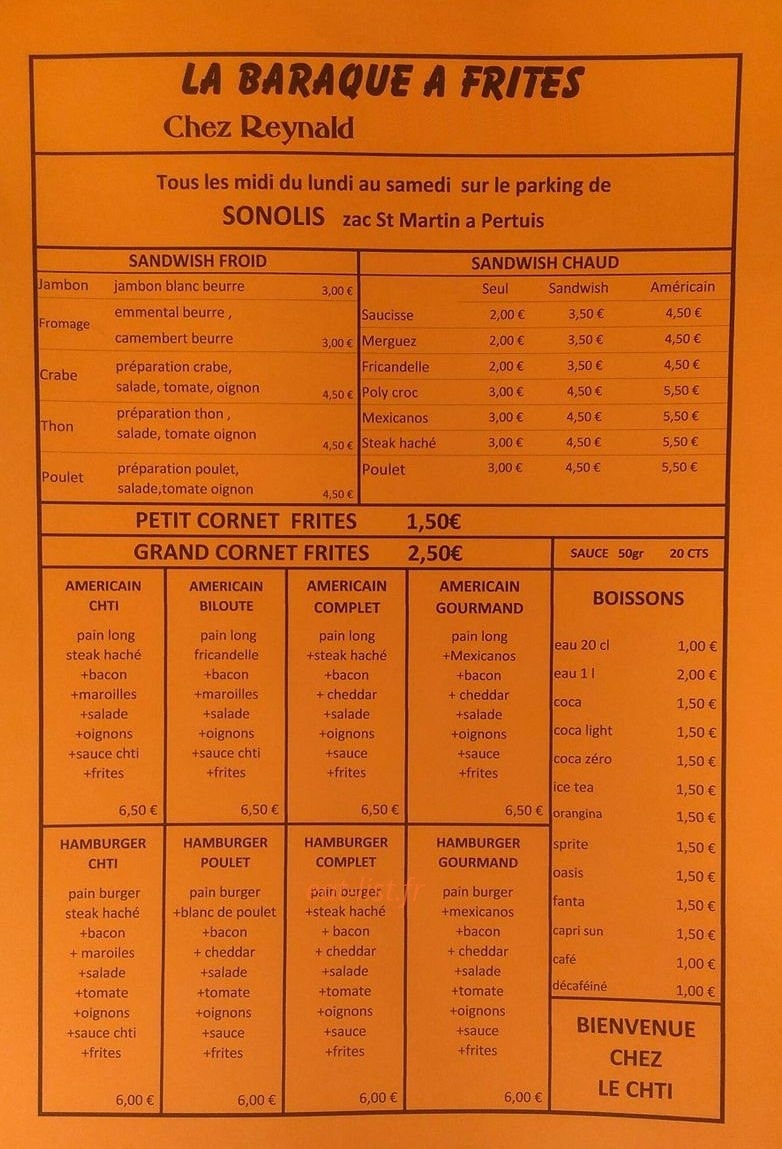 La baraque à frites — carte page 1