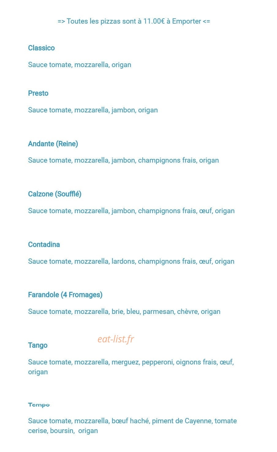 La Belle Pizza 28 — carte page 1