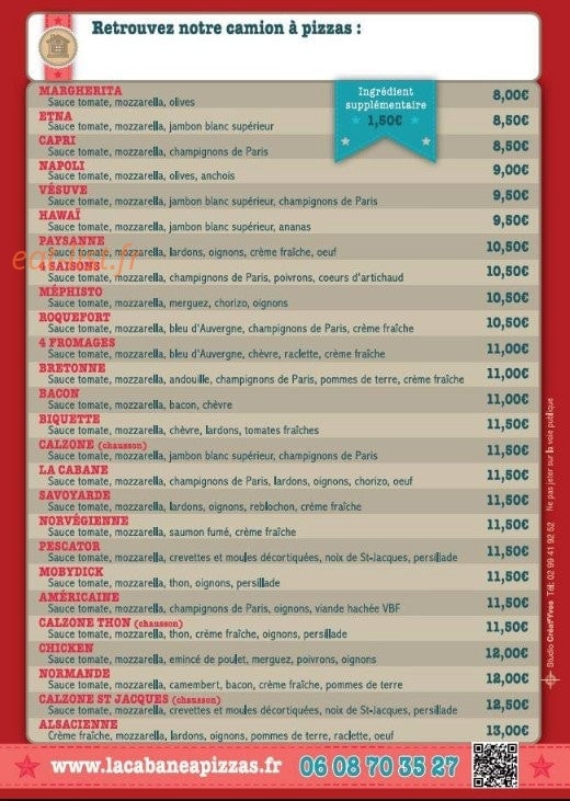La Cabane à Pizzas — carte page 1