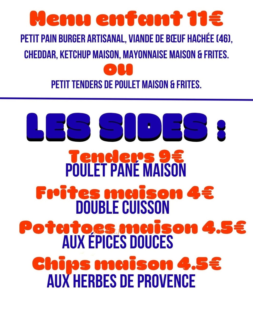 Carte et menu de La caravane à burgers à Mayrinhac Lentour — Le menu enfant et les sides