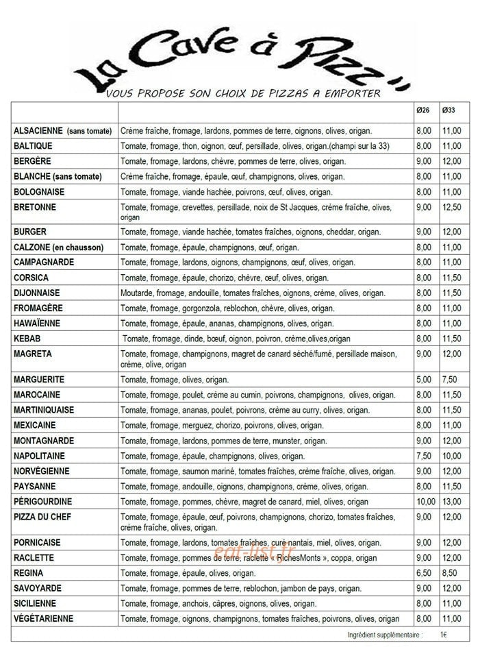 La Cave à Pizz — carte page 1