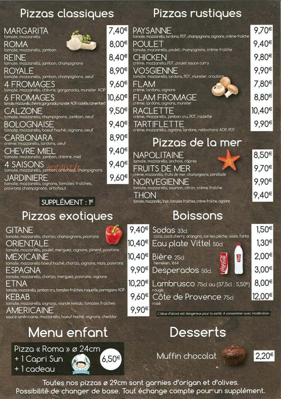 Carte et menu de La Fringadalle à Thiaucourt Regnieville — Les pizzas, desserts et boissons