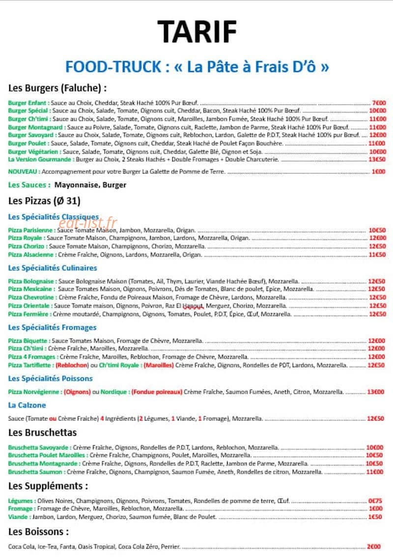 La Pâte à Frais D'ô — carte page 1