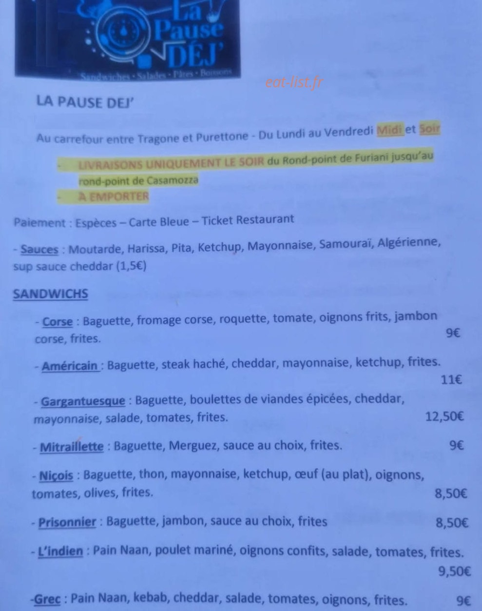 La Pause Dej' — carte page 1
