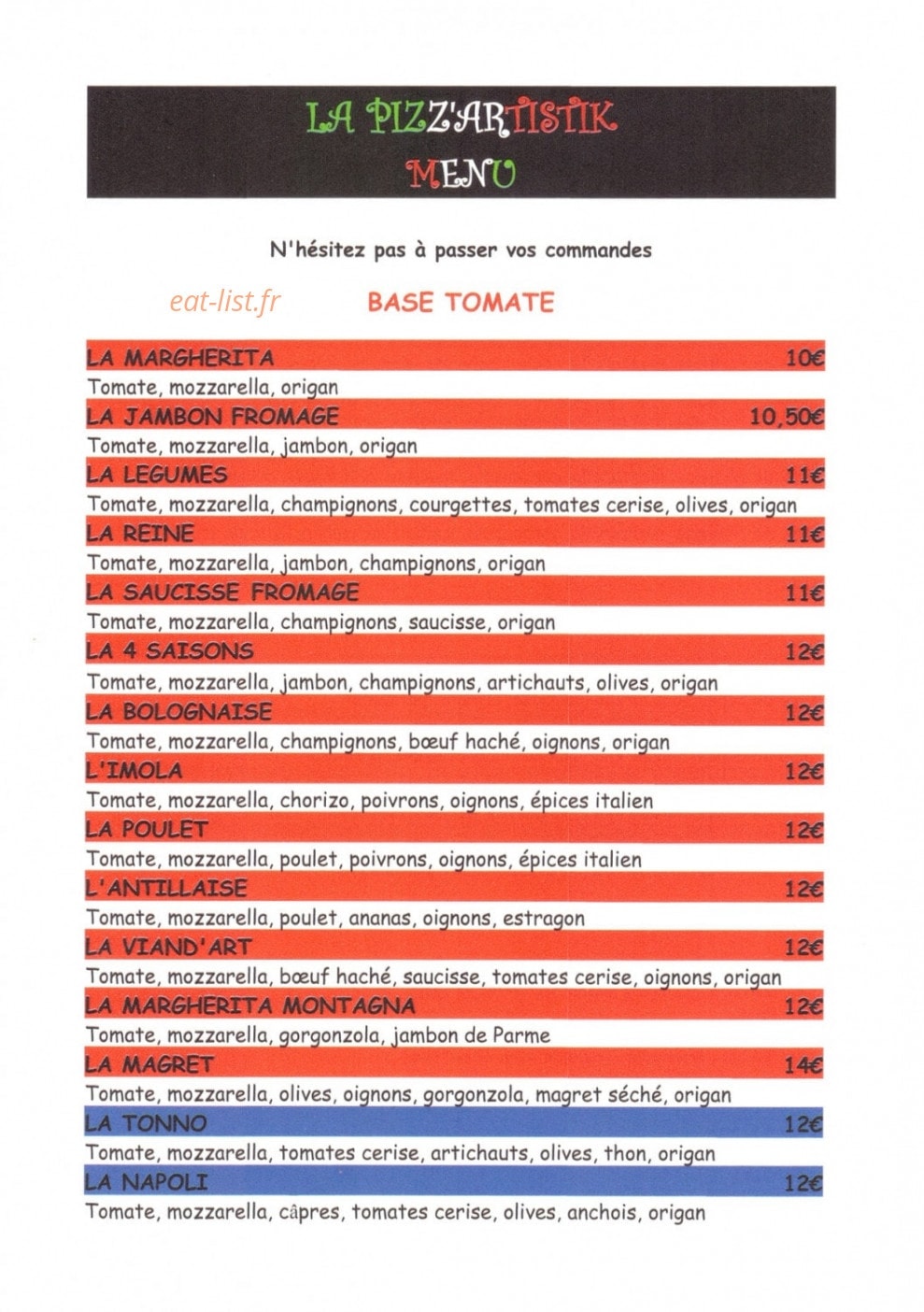 La Pizz'Artistik — carte page 1