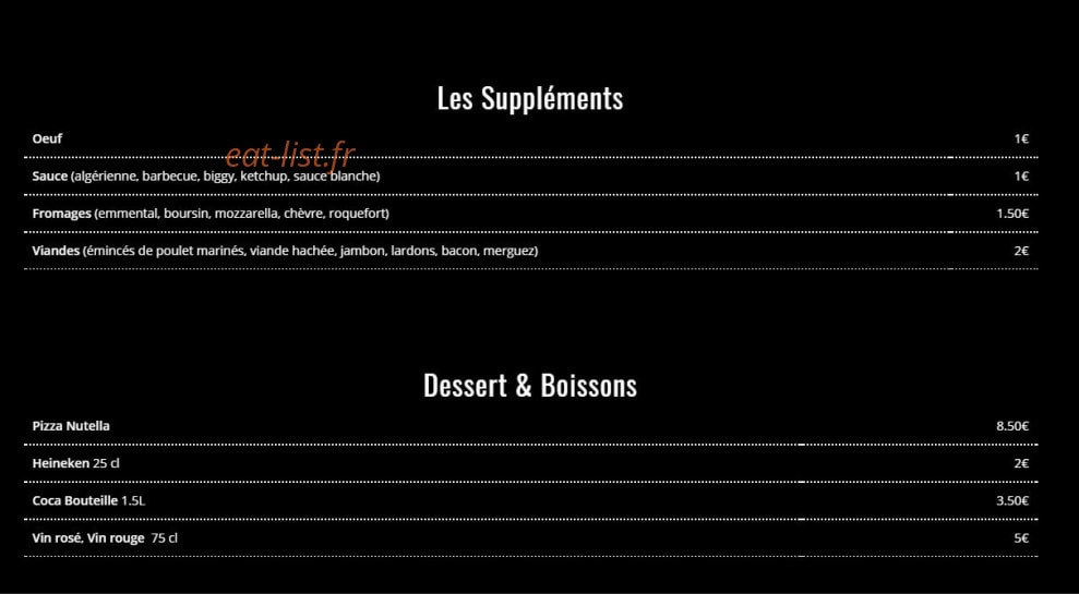 Carte et menu de La Pizza Du Food Truck à La Ciotat — Suppléments, desserts et boissons