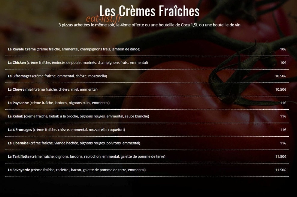 Carte et menu de La Pizza Du Food Truck à La Ciotat — Crème fraîches