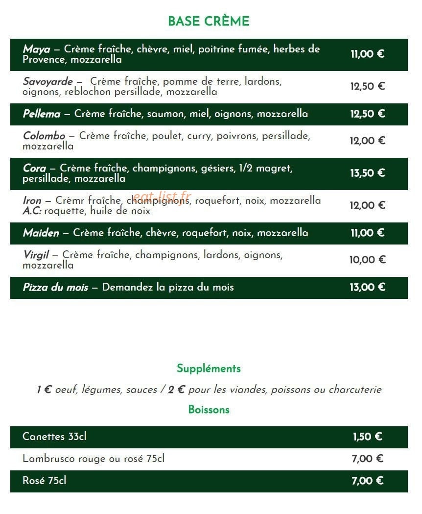 Carte et menu de La Pizza : la pelle du goût à Montbeton — Les pizzas à base crême, suppléments et boissons