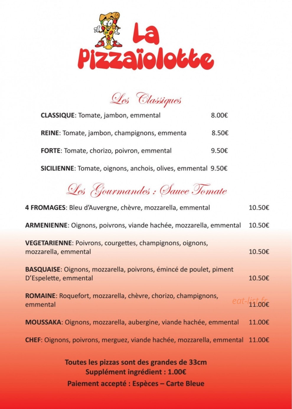 La Pizzaïolotte — carte page 1