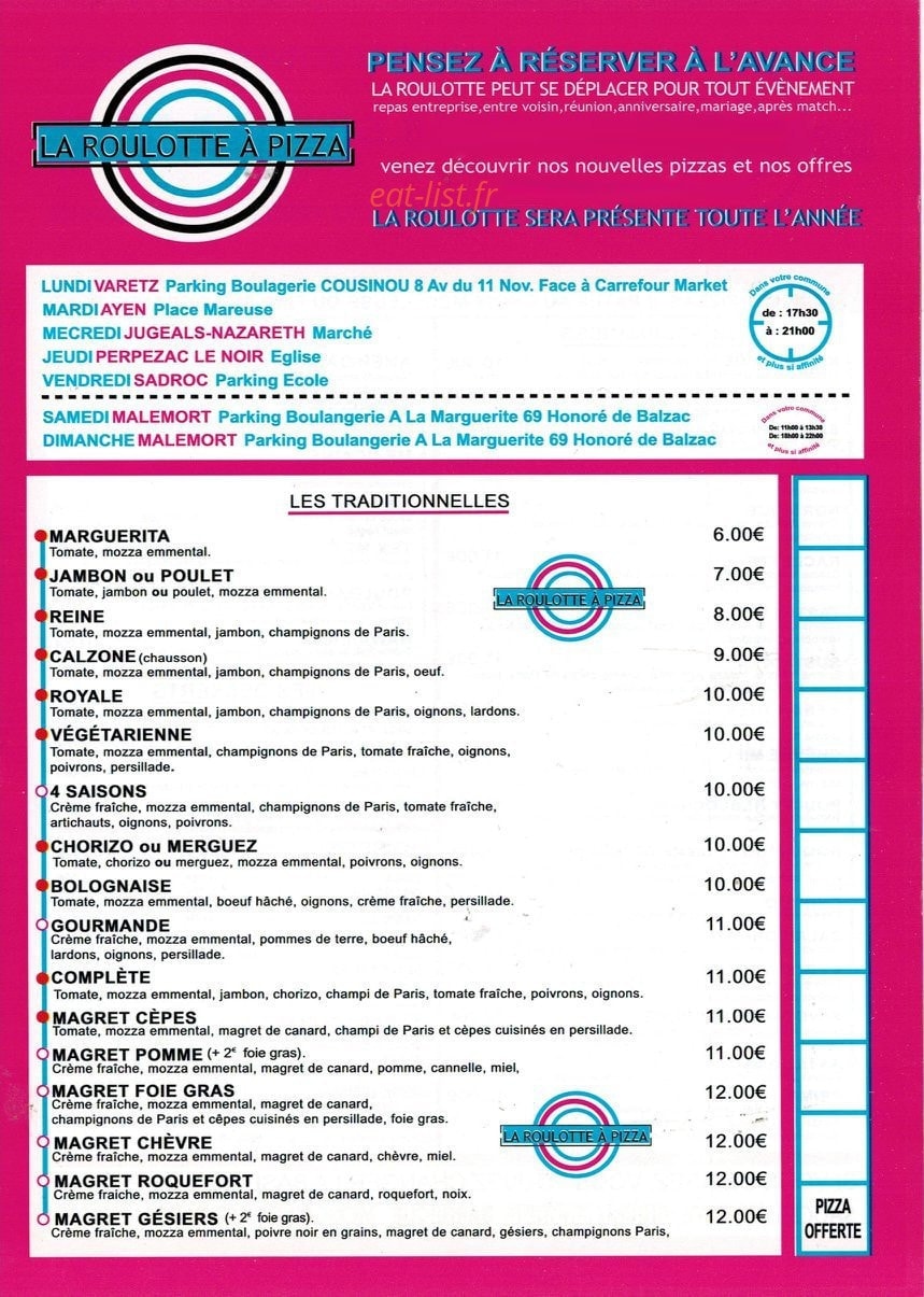 La Roulotte à Pizza — carte page 1