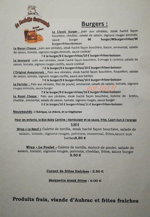 La Roulotte Gourmande — carte page 1