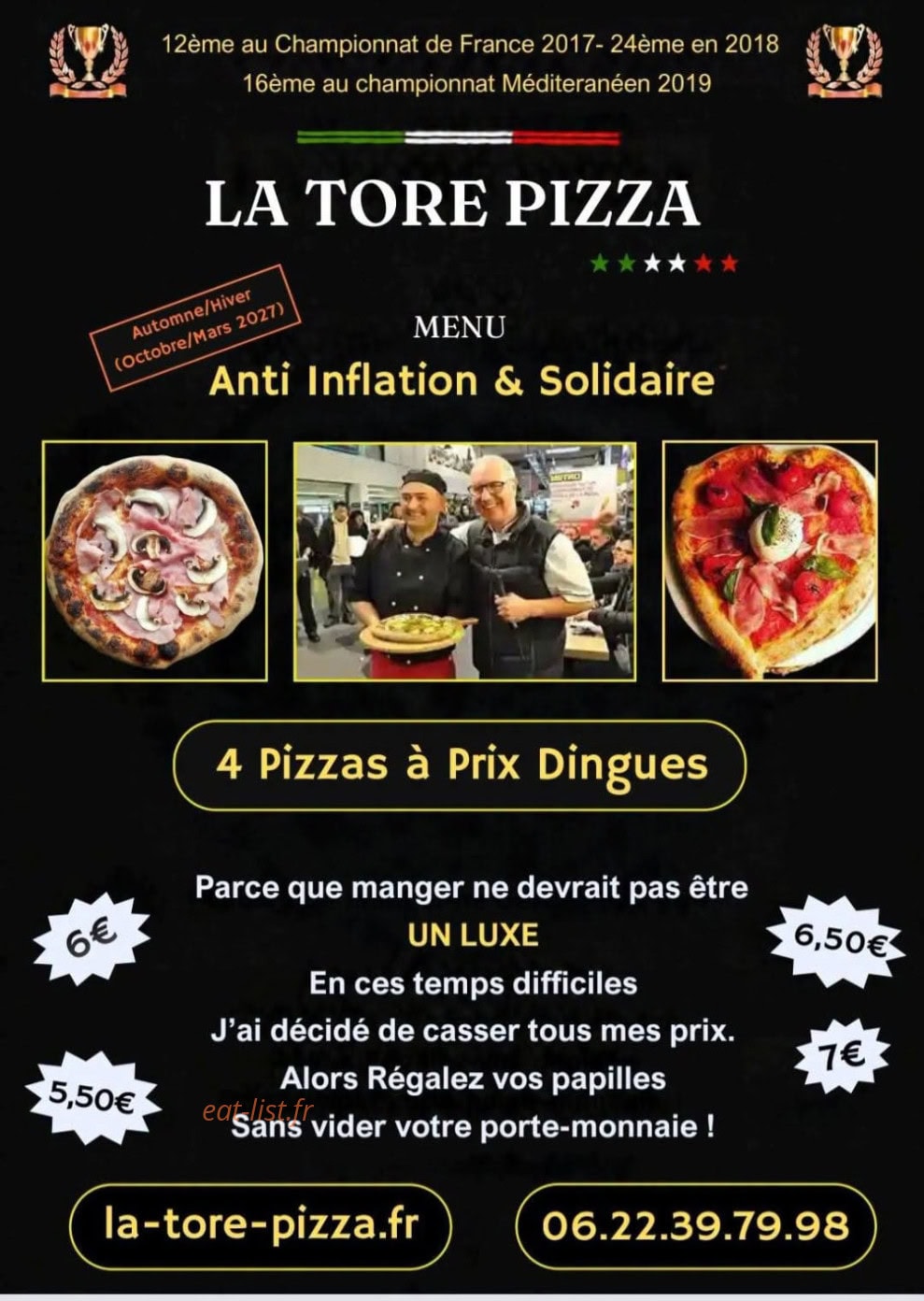 Carte et menu de La Töré Pïzza à Ornaisons — Menu anti inflation