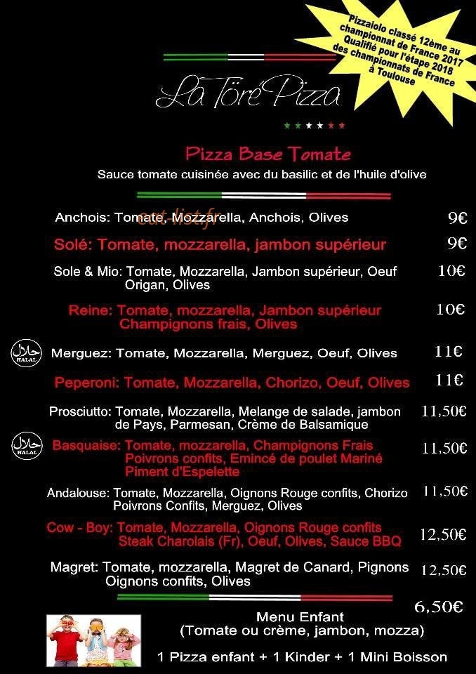 La Töré Pïzza — carte page 1