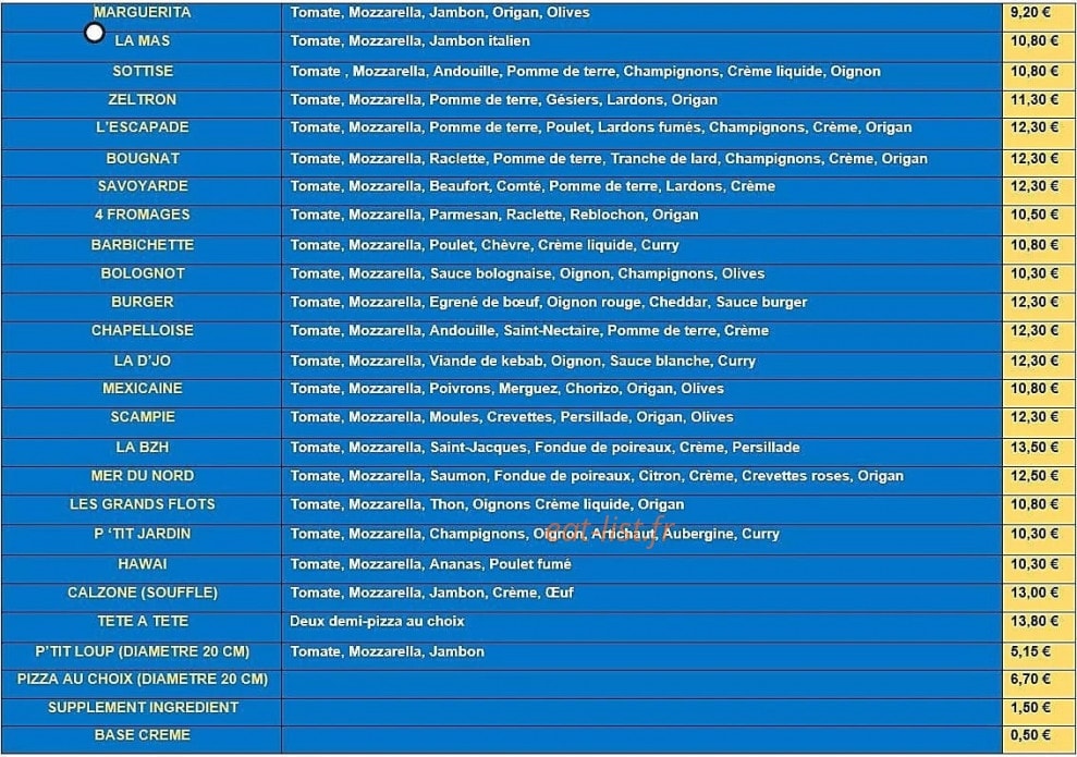 La Tour à Pizza — carte page 1