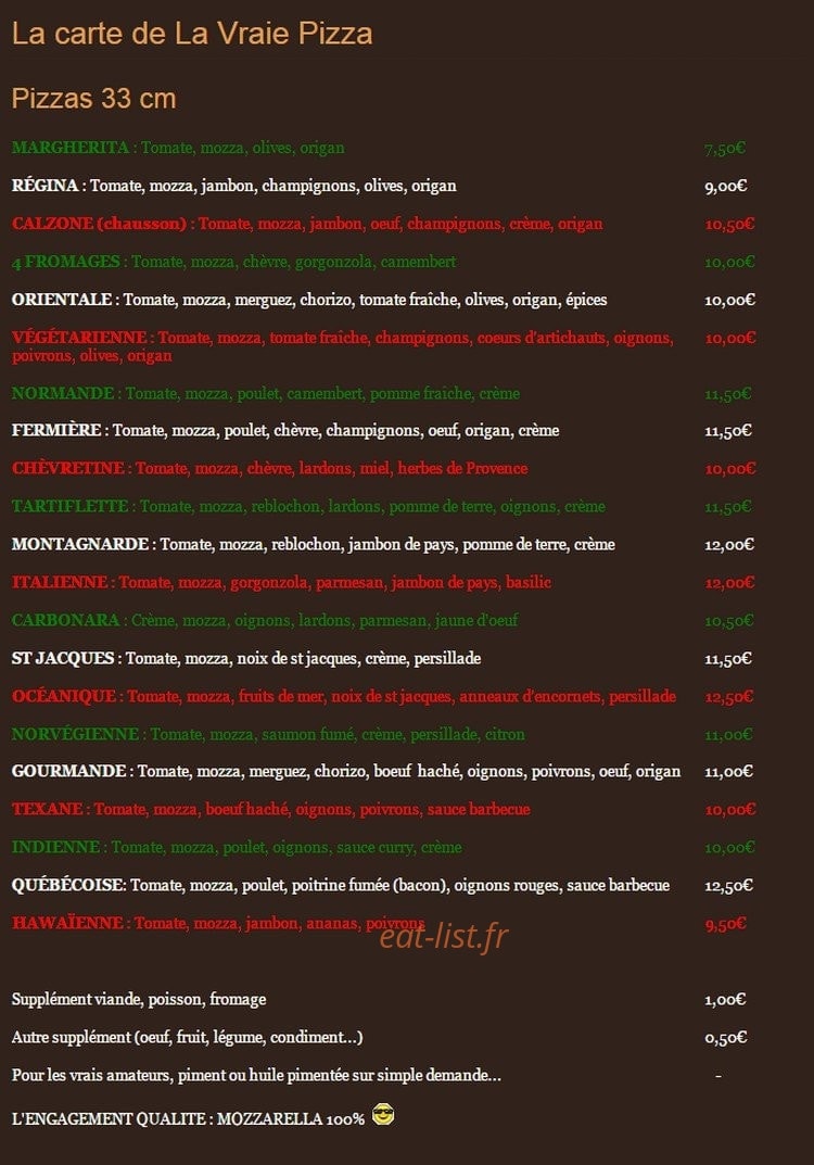 La Vraie Pizza — carte page 1