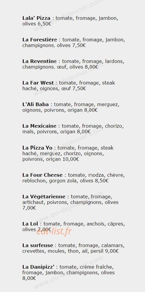 Lala Pizza — carte page 1