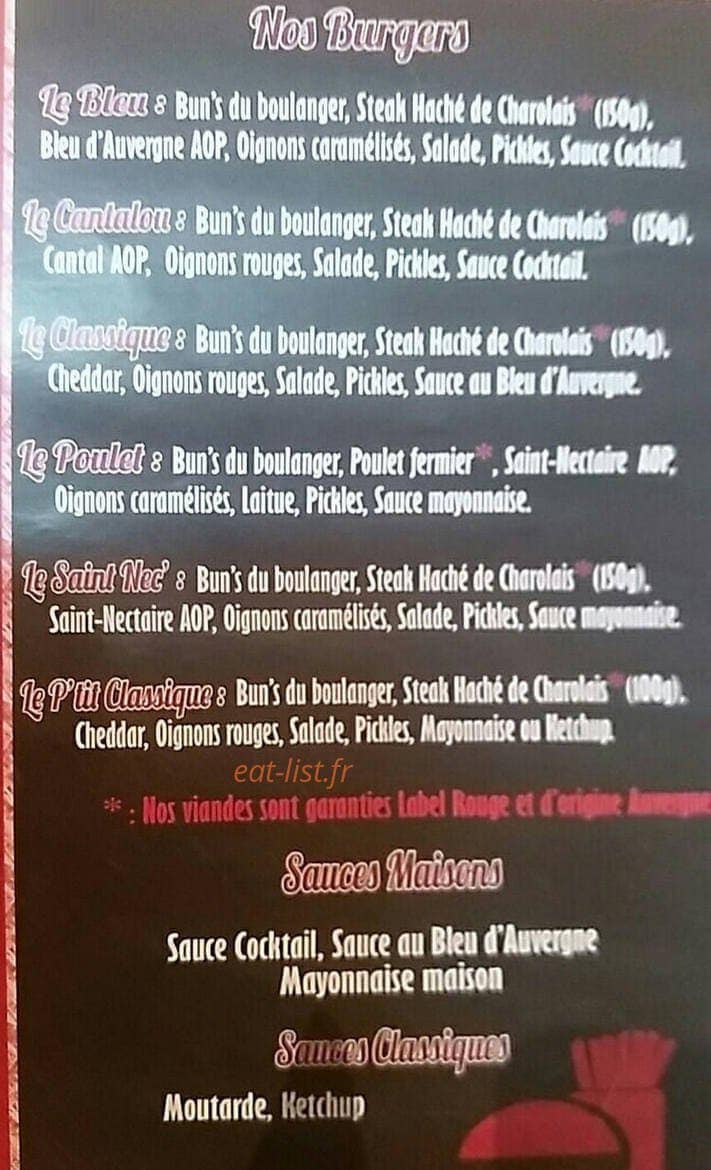 Le Burger Auvergnat — carte page 1