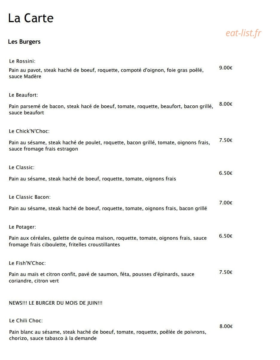 Le Burger de Choc — carte page 1