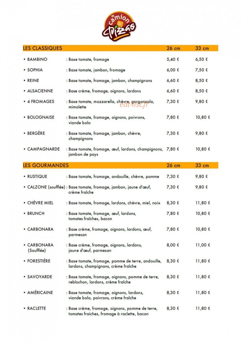 Le Camion à Pizza — carte page 1