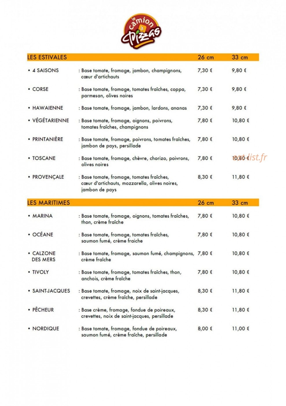 Le Camion à Pizza — carte page 2