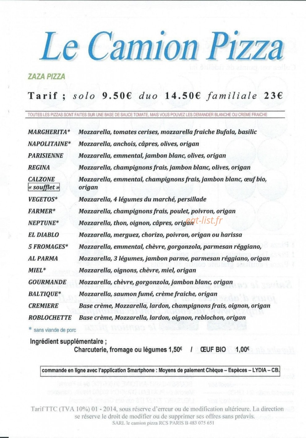 Carte et menu de Le camion pizza "zaza pizza" à Brunoy — Les pizzas