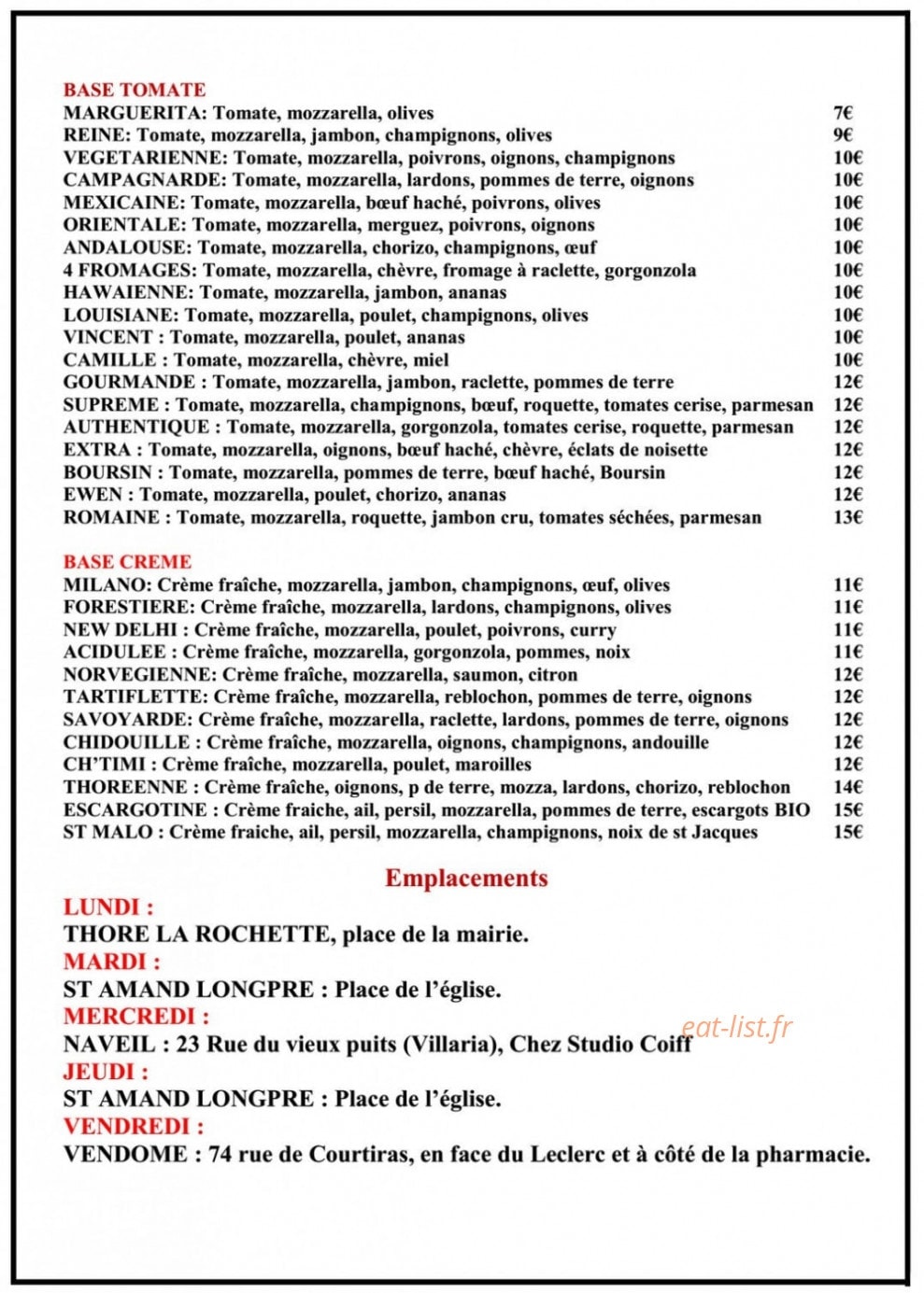 Le chalet à pizza — carte page 1