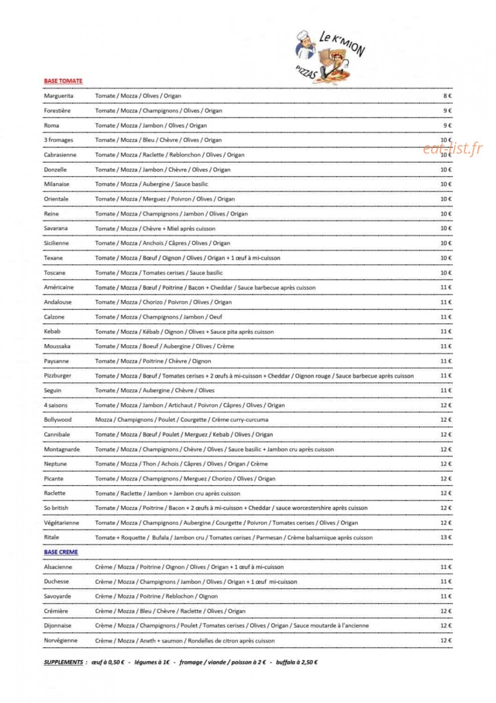 Le K'mion Pizza — carte page 1