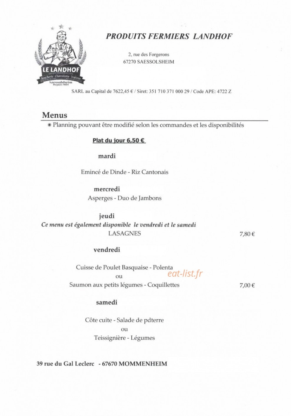 Le Landhof — carte page 1