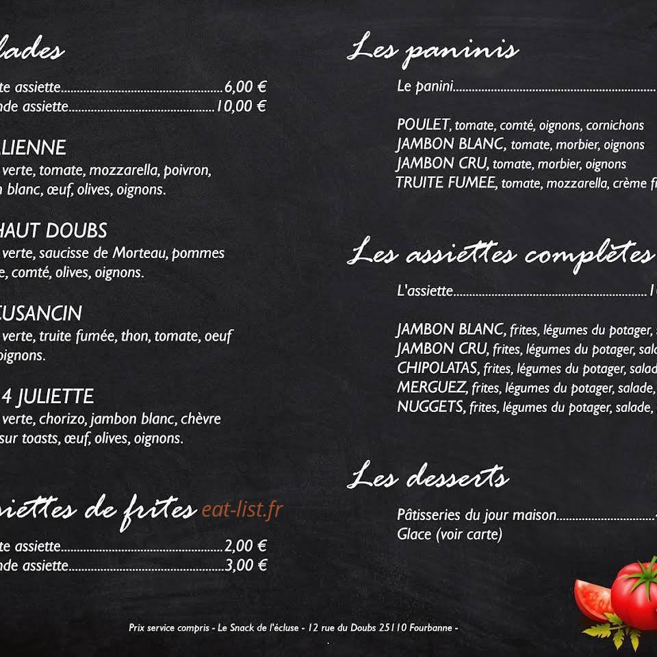 Le snack de l'Écluse — carte page 1