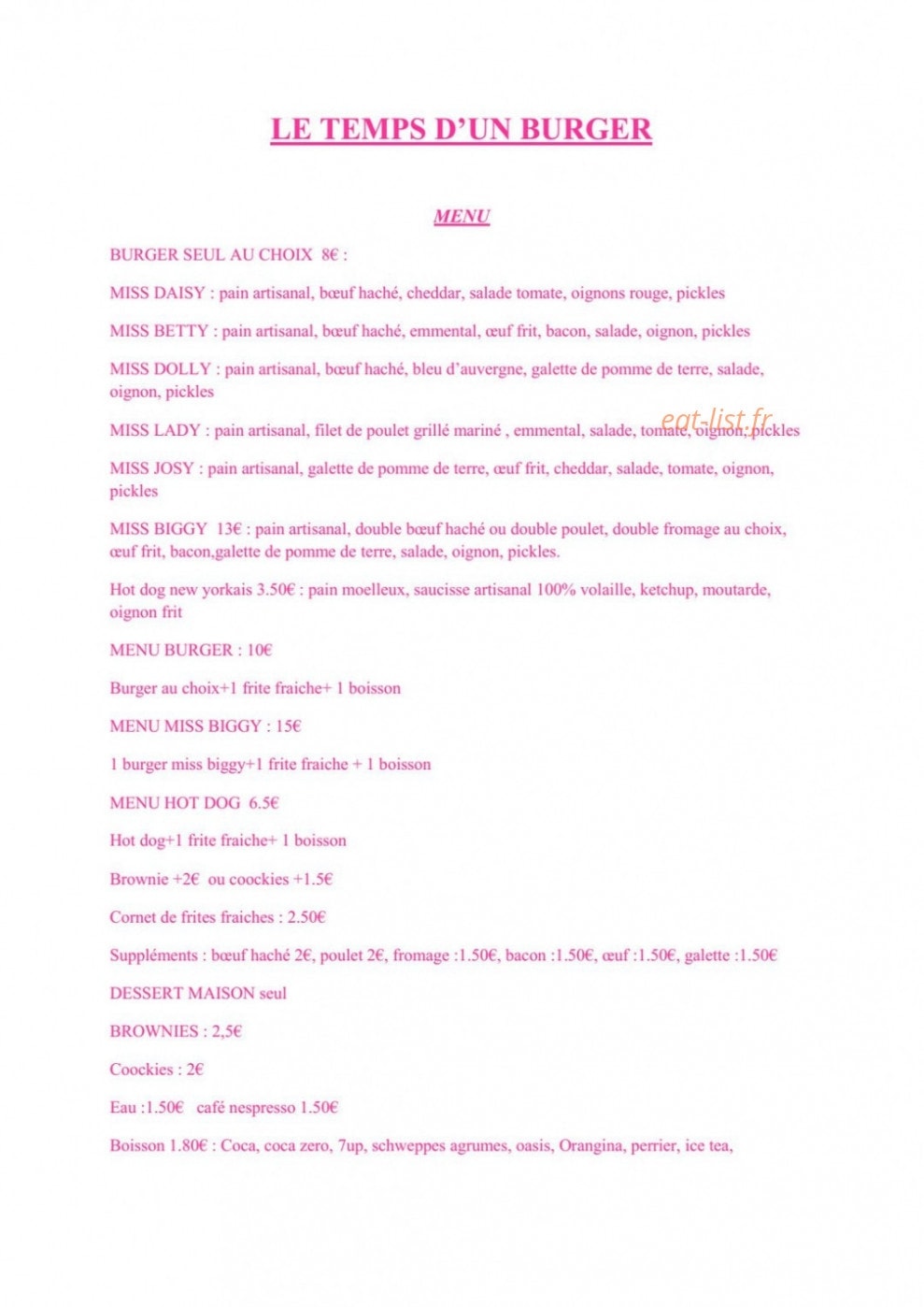 Le temps d'un burger — carte page 1