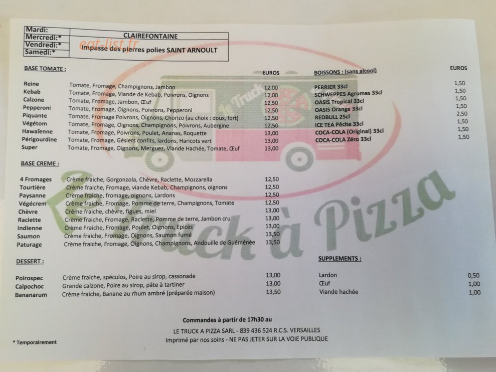 Le Truck à Pizza — carte page 1