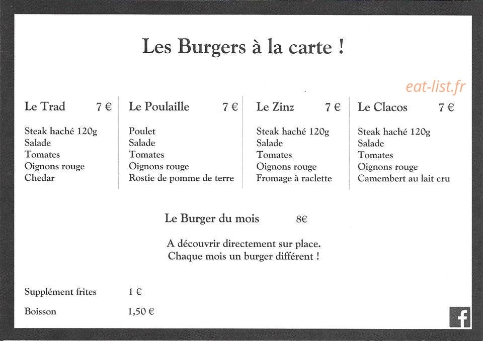 Le Zinz Burgers — carte page 1