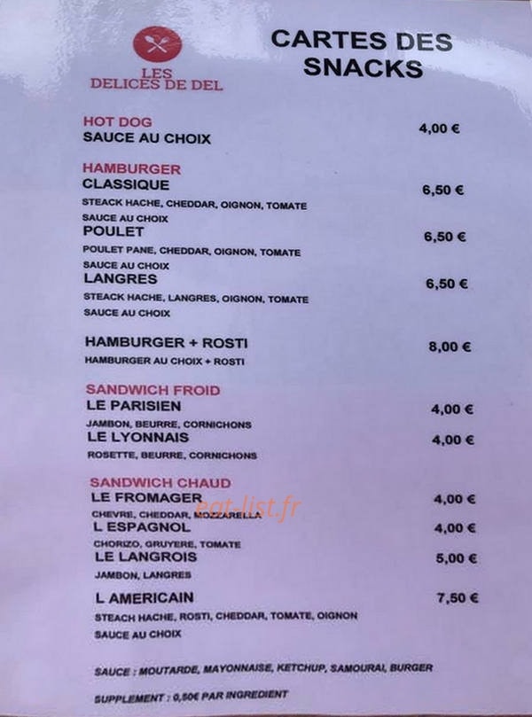 Les délices de Del — carte page 1