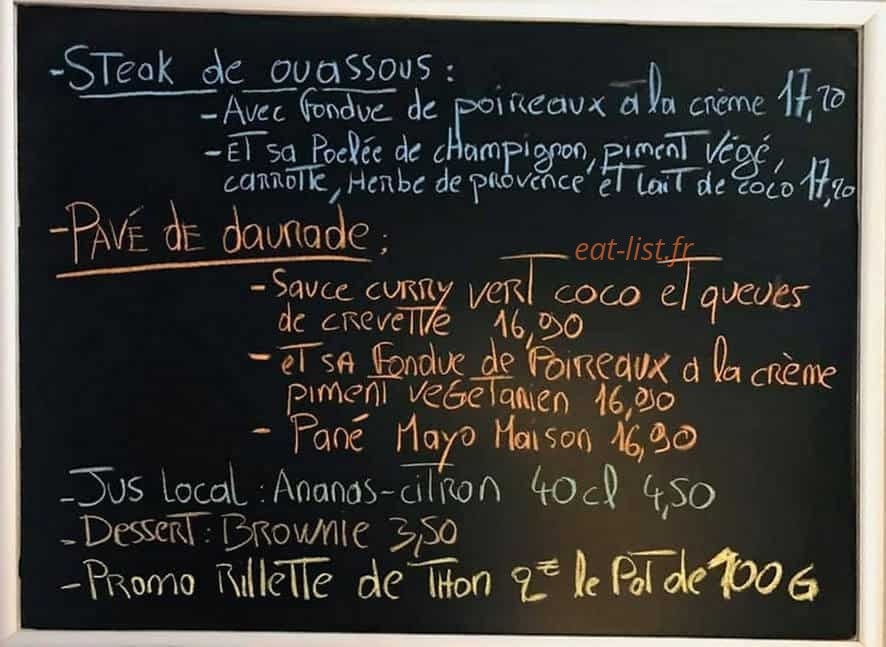 Carte et menu de Les Dents De La Mer à Baie Mahault — Un exemple de menu du jour