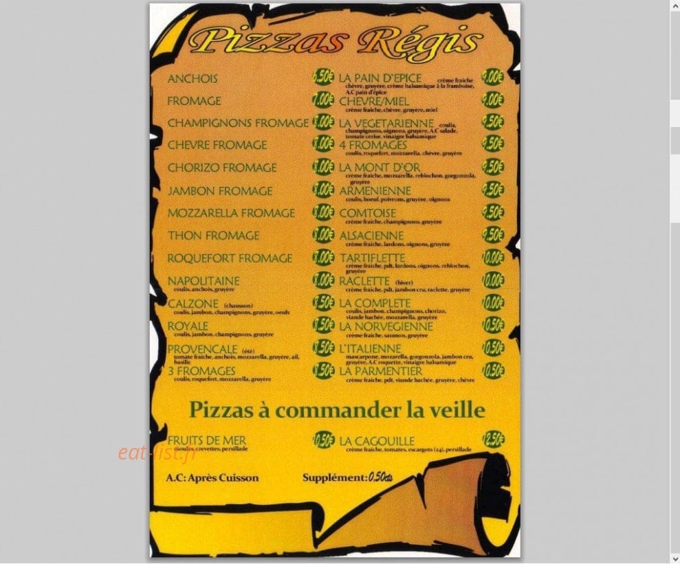 Les Pizzas Régis — carte page 2