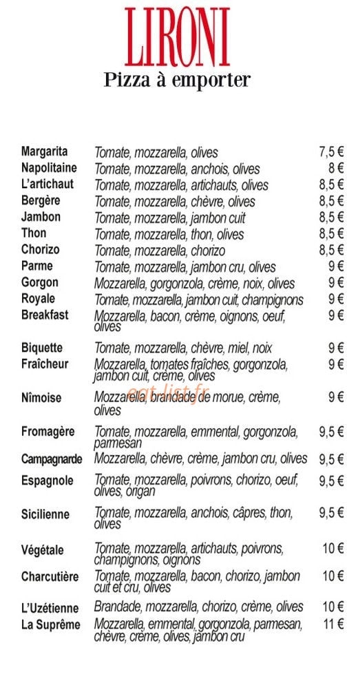 Lironi pizza — carte page 1