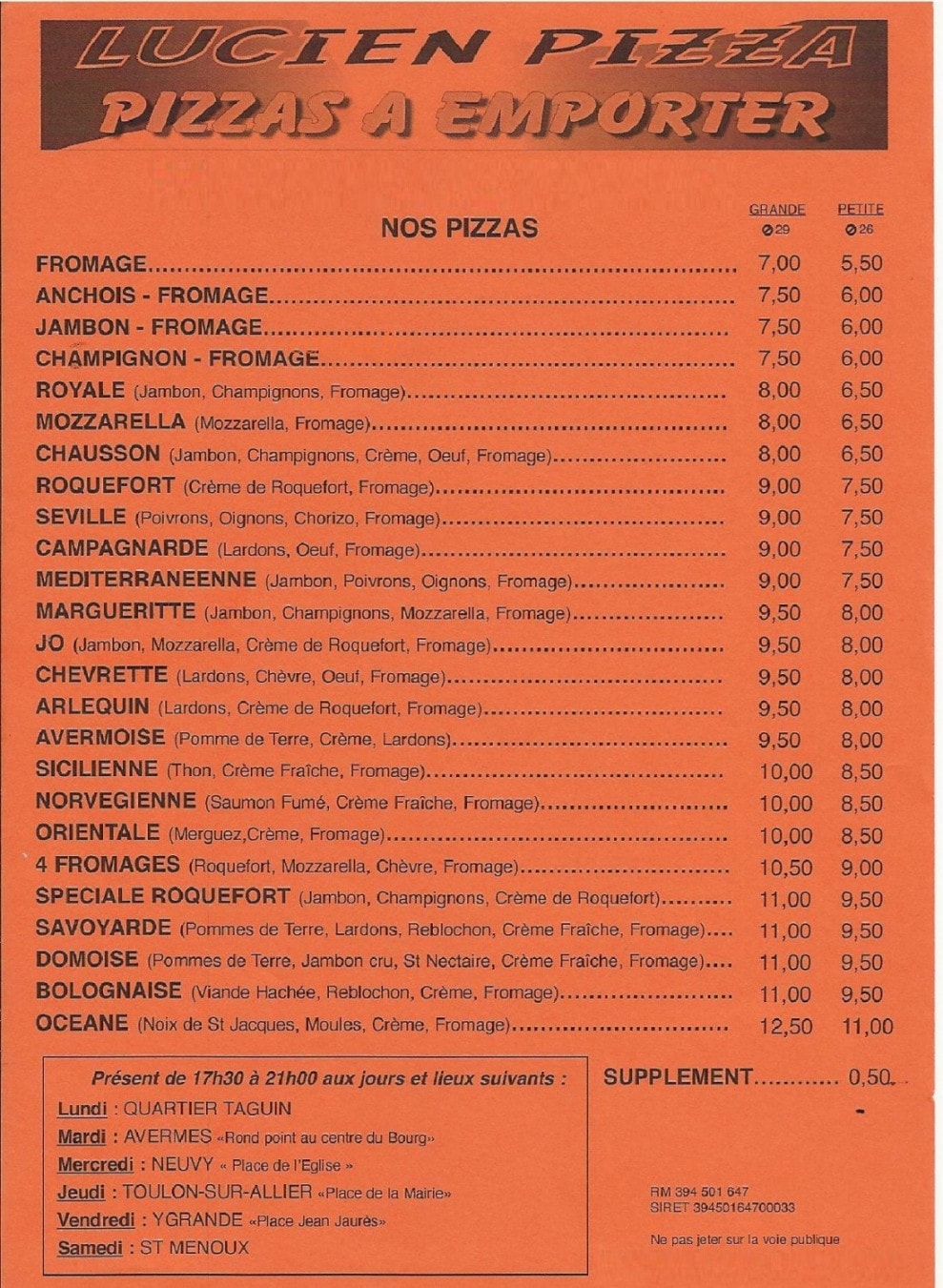 Lucien Pizza — carte page 1