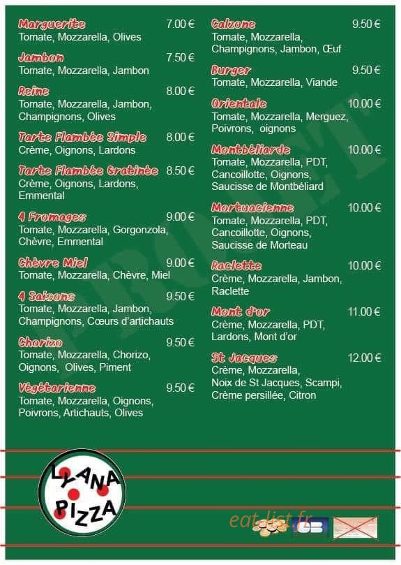 Lyana Pizza — carte page 1