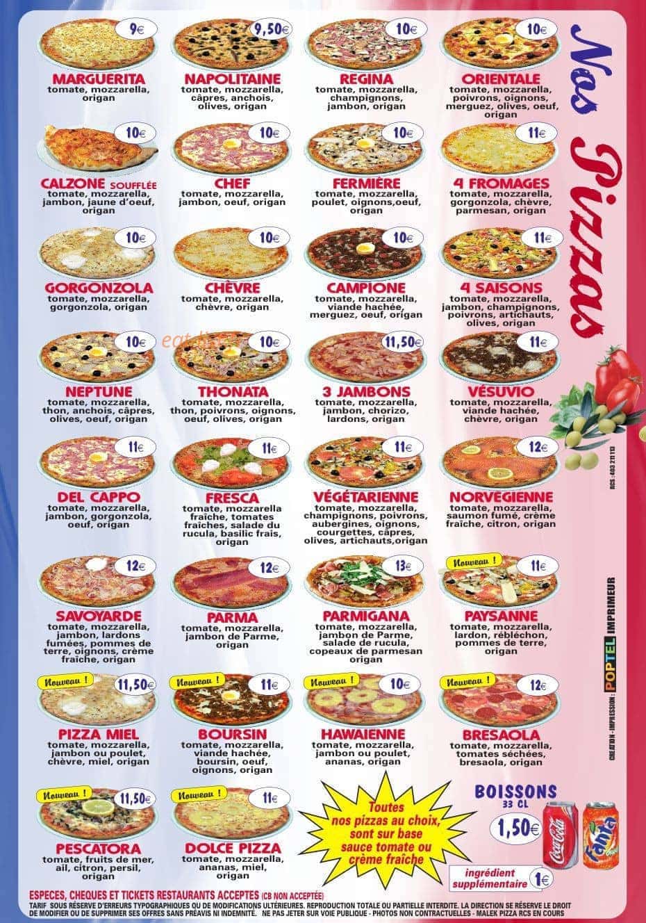 Malek Pizza — carte page 1