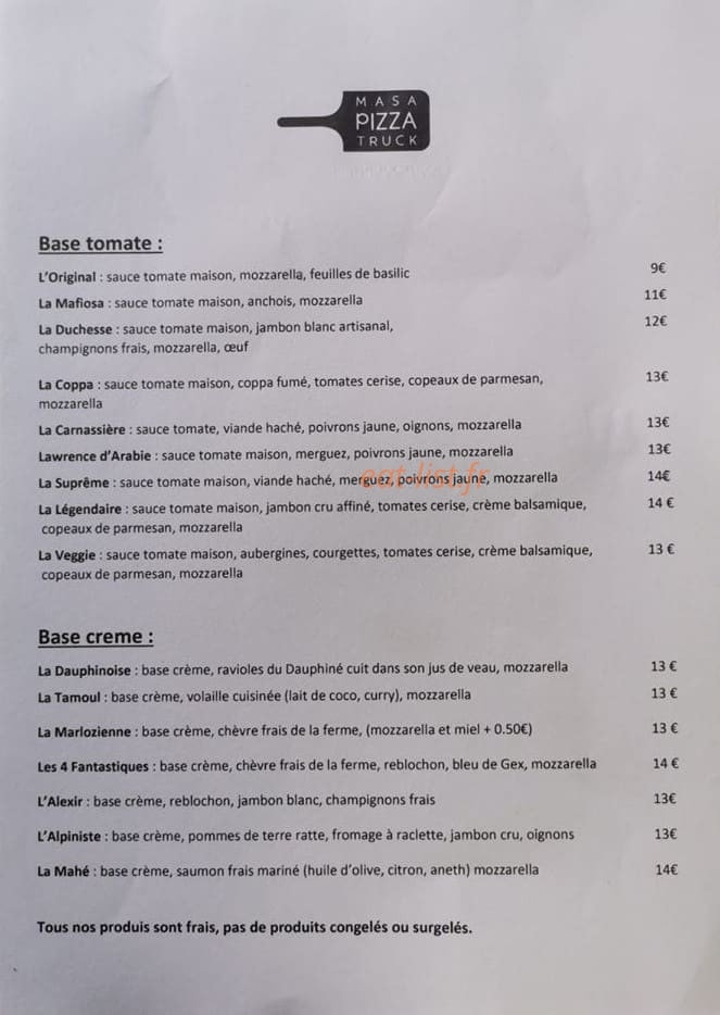 Masa Pizza — carte page 1